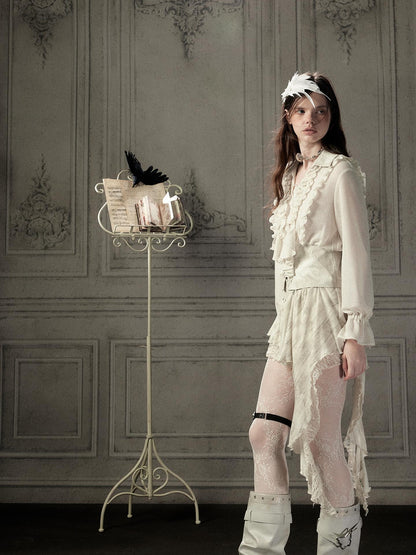ALL iN plan Beige Ruffled Lapel Waist Cinched Women&