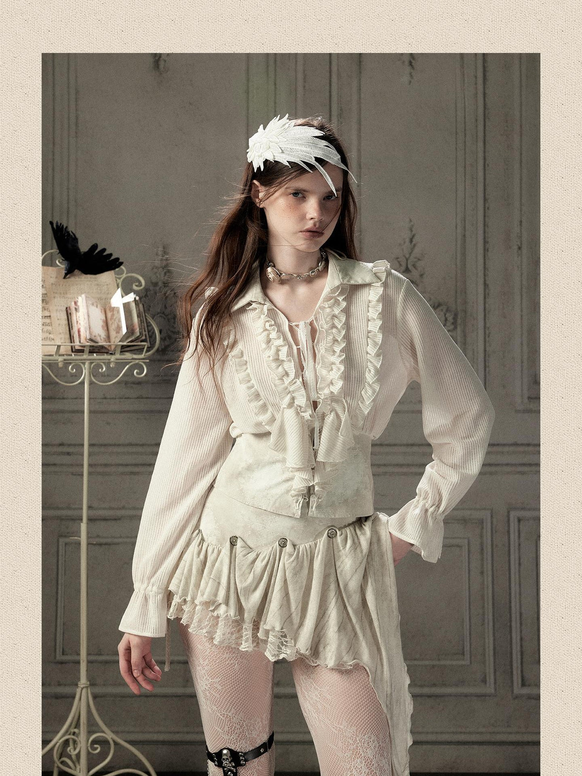 ALL iN plan Beige Ruffled Lapel Waist Cinched Women&