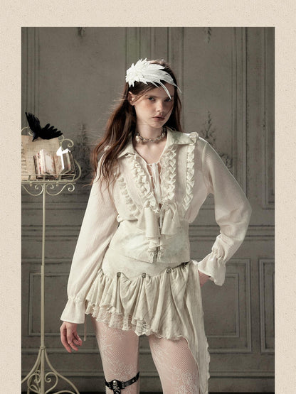 ALL iN plan Beige Ruffled Lapel Waist Cinched Women&