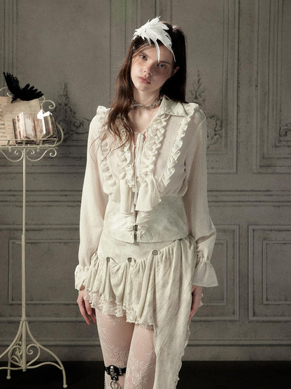 ALL iN plan Beige Ruffled Lapel Waist Cinched Women&