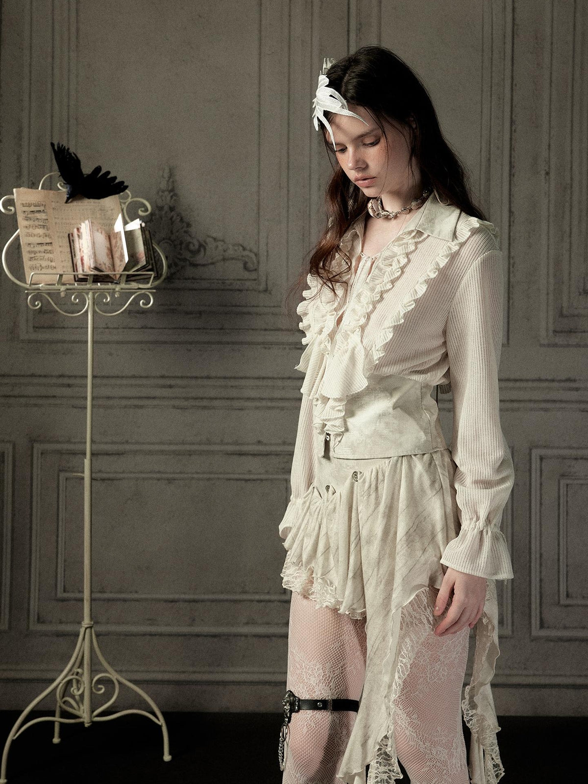 ALL iN plan Beige Ruffled Lapel Waist Cinched Women&
