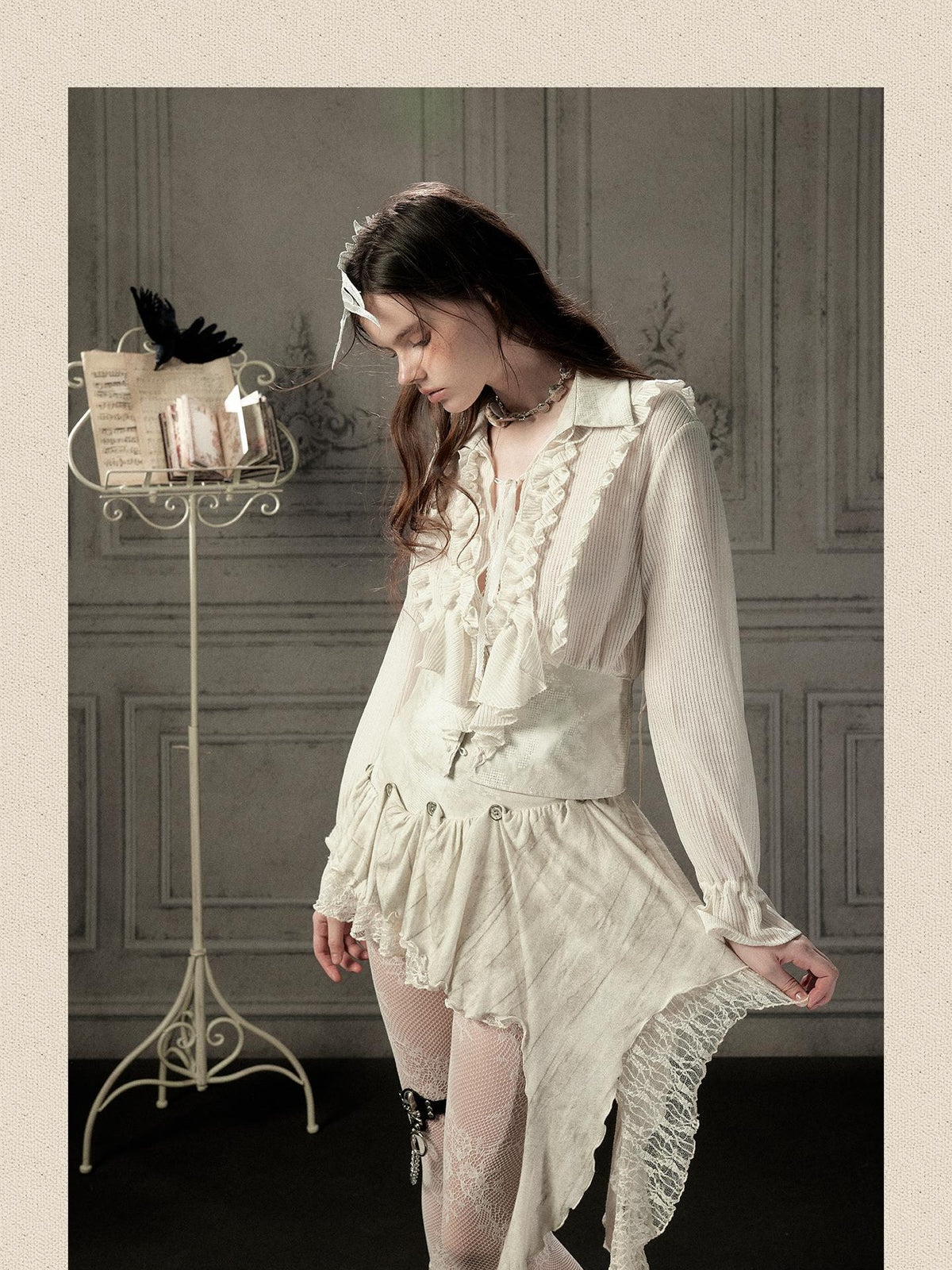 ALL iN plan Beige Ruffled Lapel Waist Cinched Women&