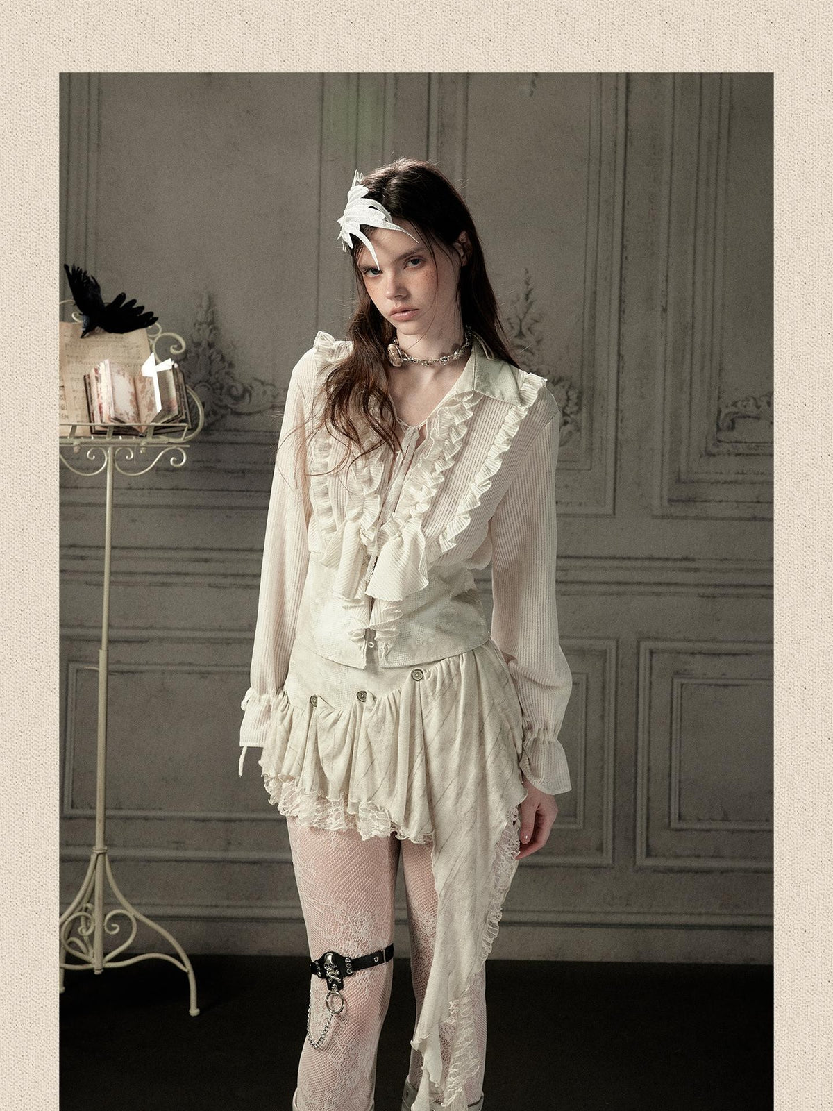 ALL iN plan Beige Ruffled Lapel Waist Cinched Women&