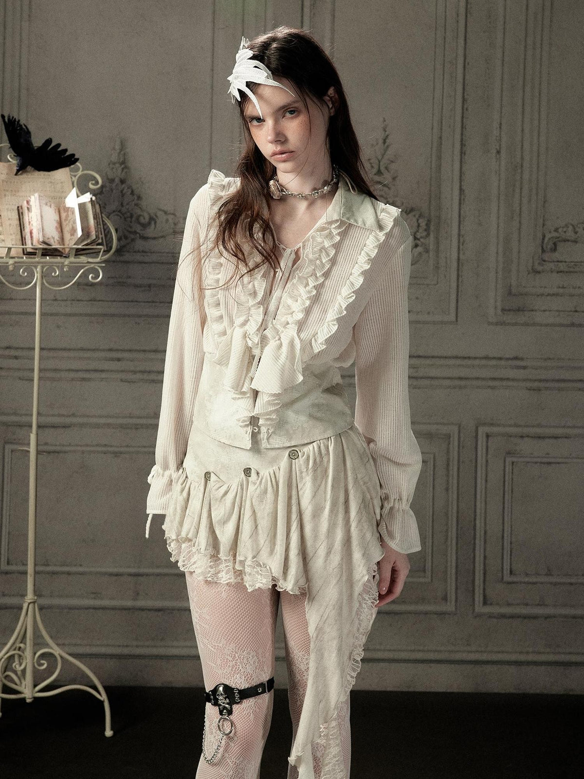 ALL iN plan Beige Ruffled Lapel Waist Cinched Women&