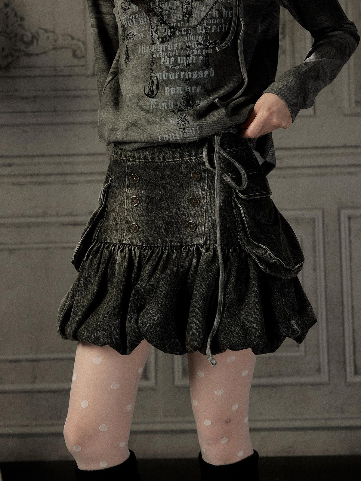 ALL iN plan Black Denim Distressed Large Pockets A Line Women&