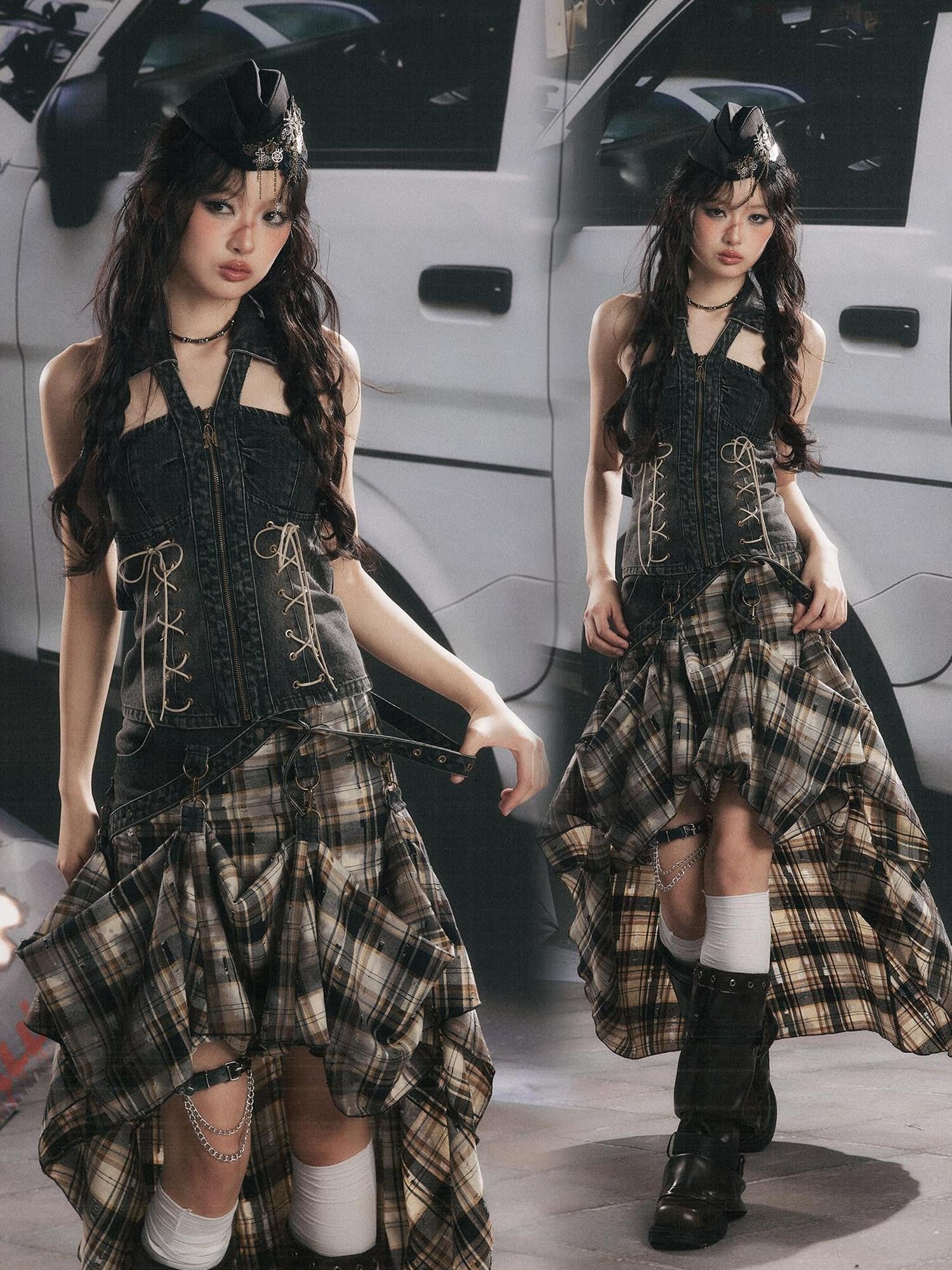 ALL iN plan Black Plaid Tie Waist Zipper Slim Fit Women&