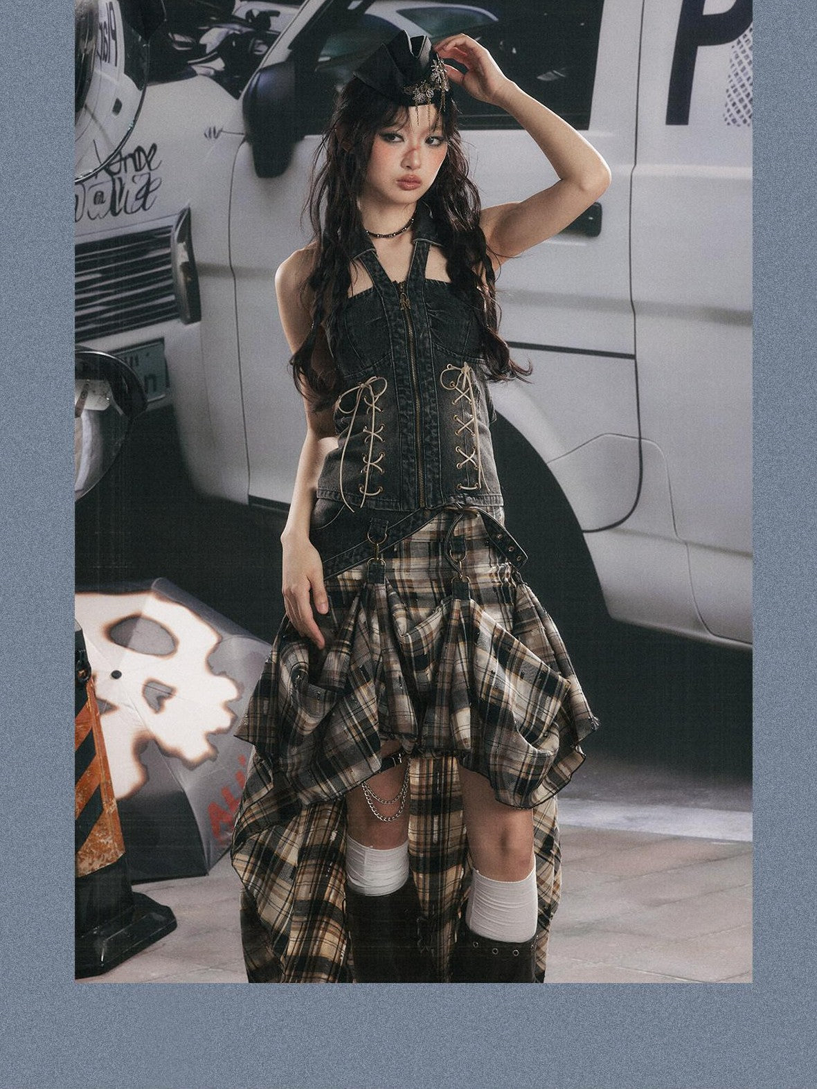 ALL iN plan Black Plaid Tie Waist Zipper Slim Fit Women&