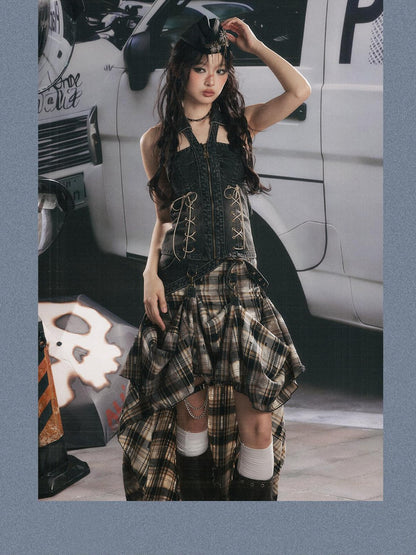 ALL iN plan Black Plaid Tie Waist Zipper Slim Fit Women&