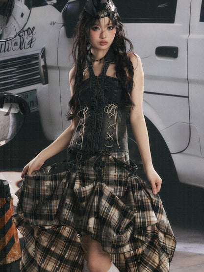 ALL iN plan Black Plaid Tie Waist Zipper Slim Fit Women&