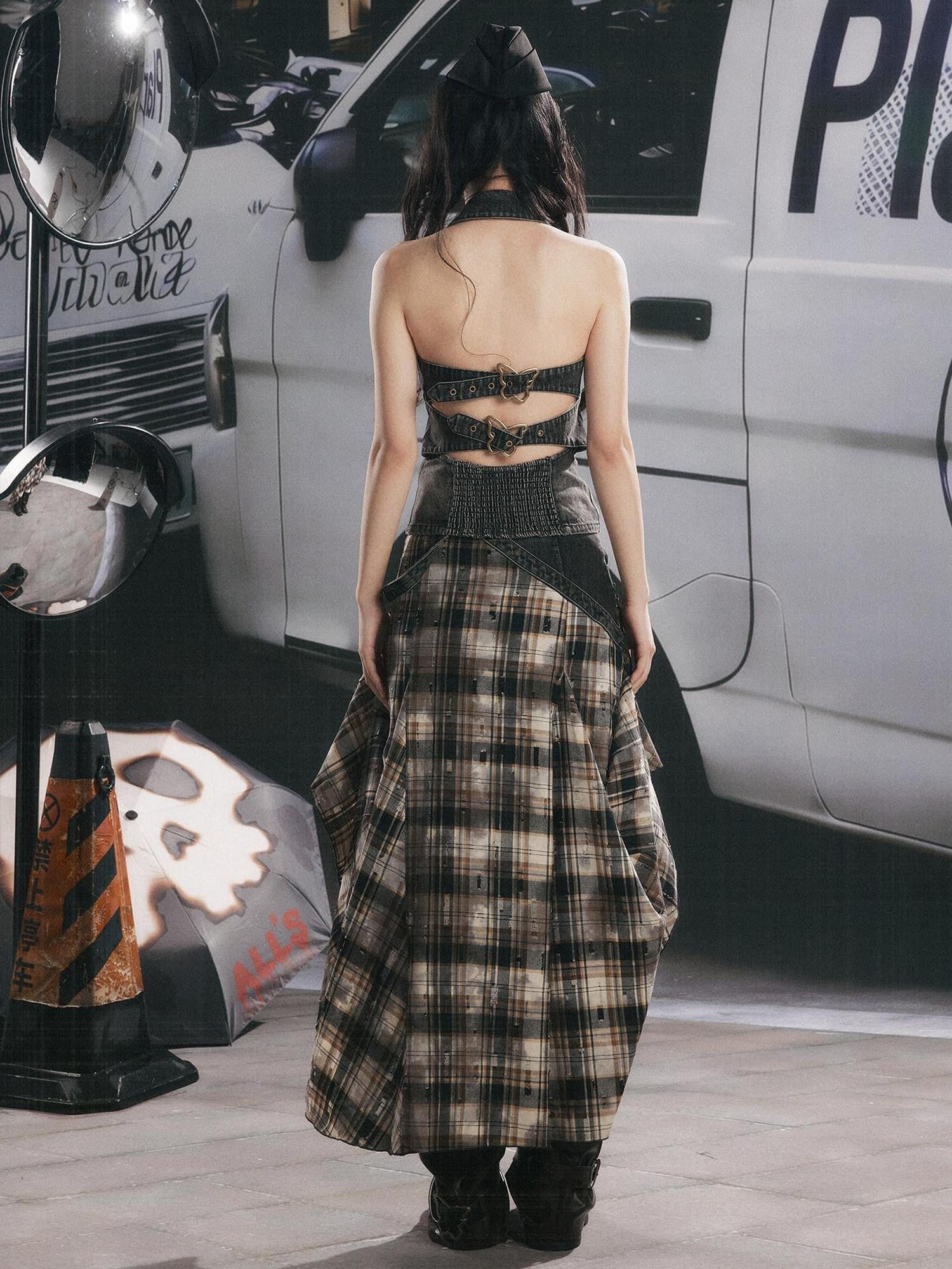 ALL iN plan Black Plaid Tie Waist Zipper Slim Fit Women&