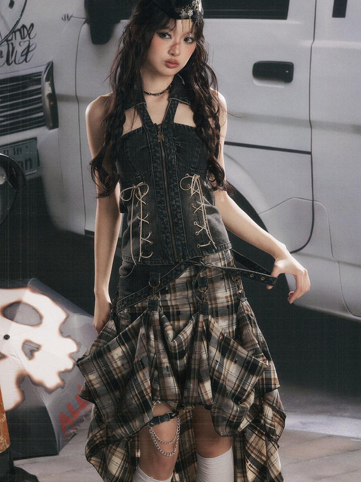 ALL iN plan Black Plaid Tie Waist Zipper Slim Fit Women&