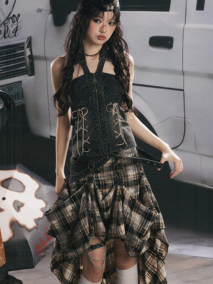 ALL iN plan Black Plaid Tie Waist Zipper Slim Fit Women&