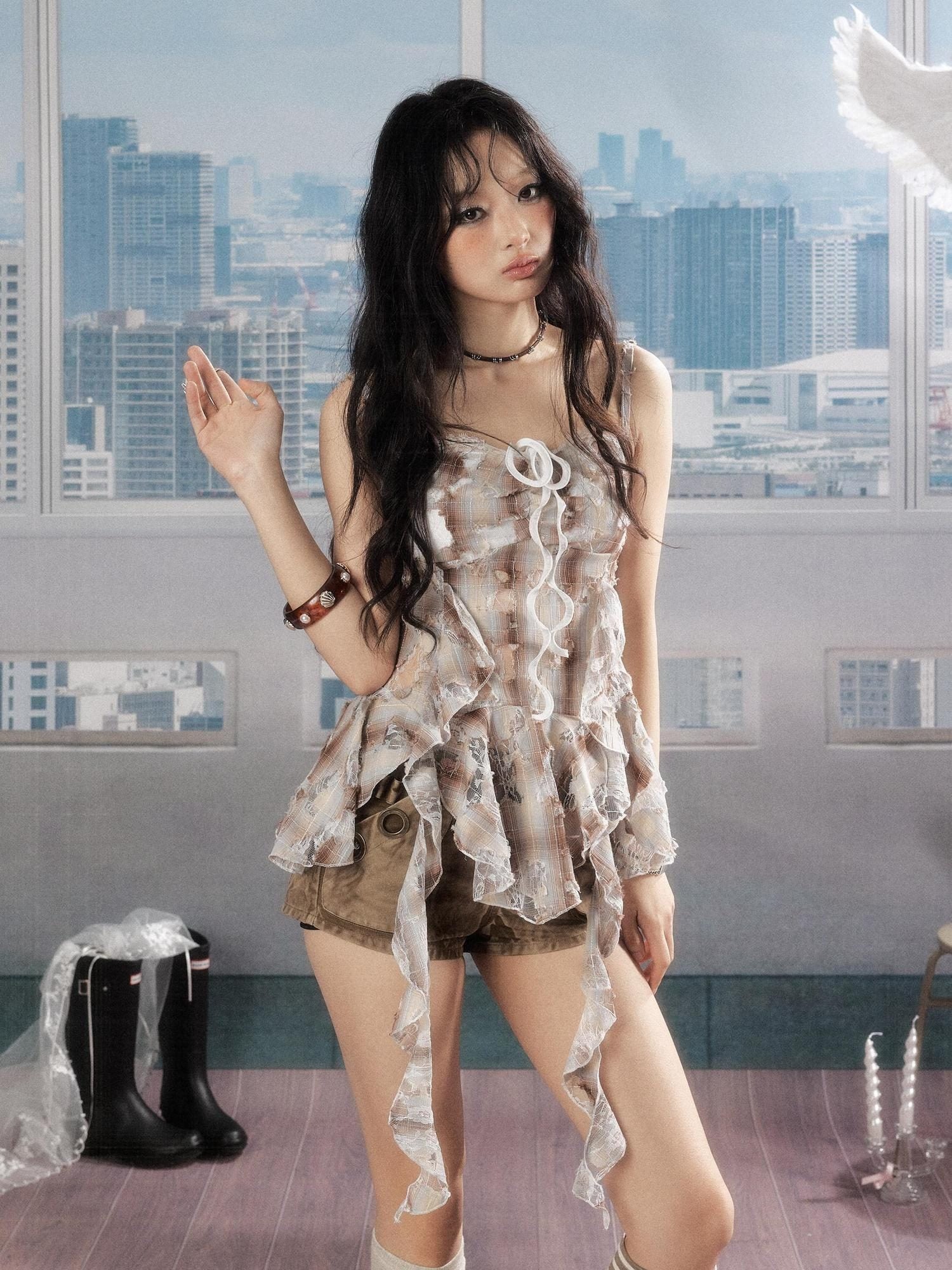 ALL iN plan Breathable Cotton Casual Spaghetti Strap Loose Fit Women Khaki Camisoles