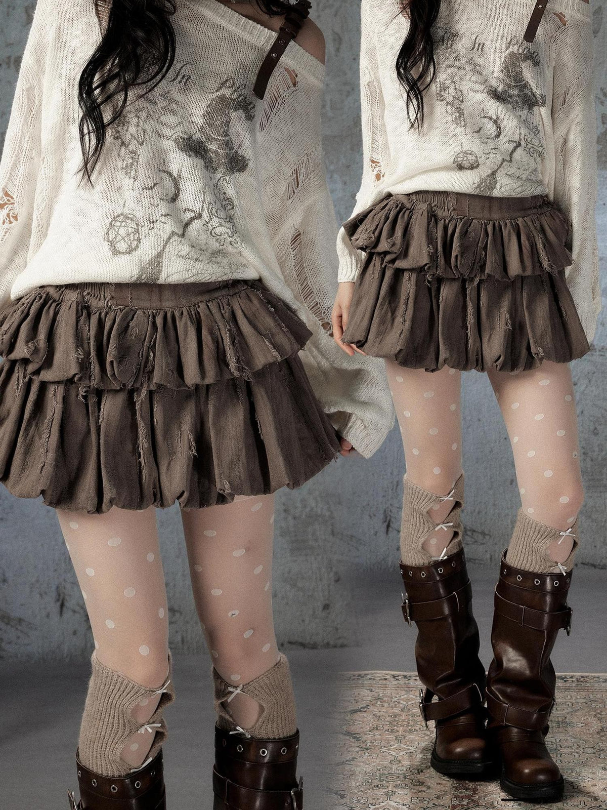 ALL iN plan Brown Bubble Hem Distressed Linen Cotton Women&