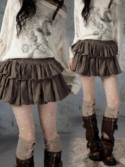 ALL iN plan Brown Bubble Hem Distressed Linen Cotton Women&