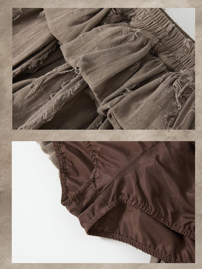 ALL iN plan Brown Bubble Hem Distressed Linen Cotton Women&