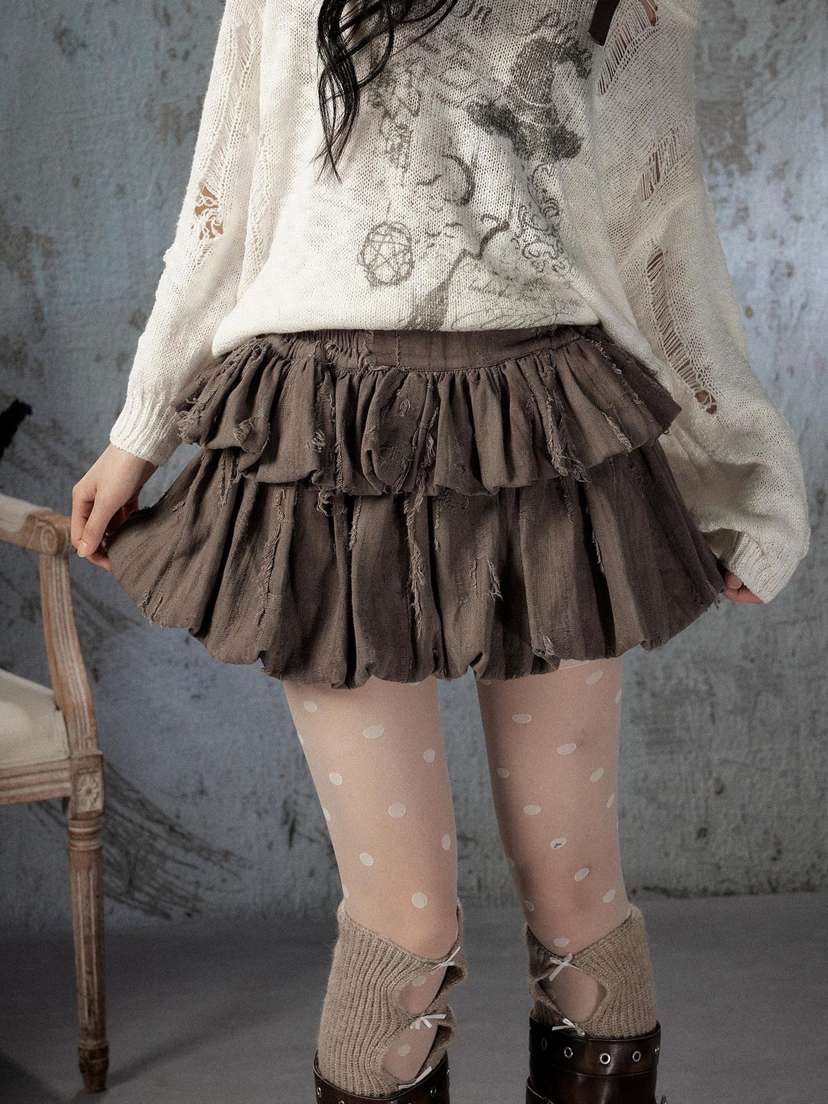 ALL iN plan Brown Bubble Hem Distressed Linen Cotton Women&