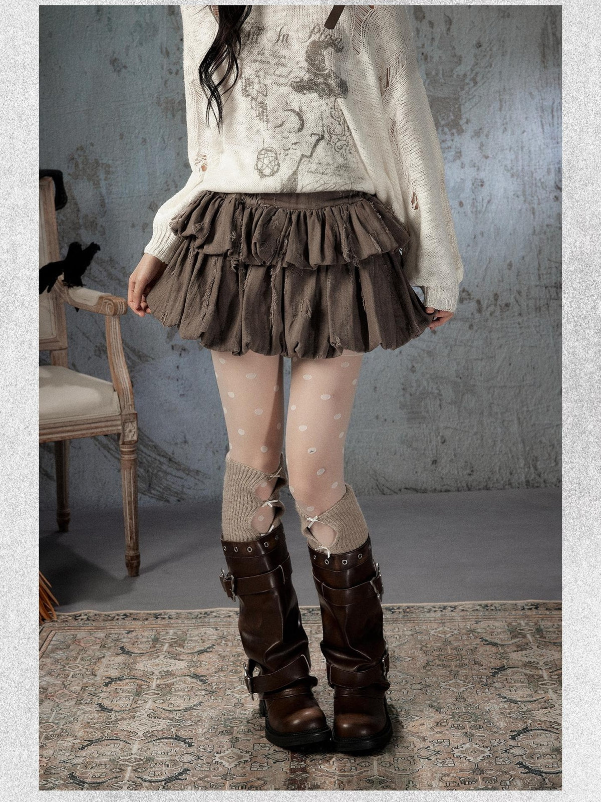 ALL iN plan Brown Bubble Hem Distressed Linen Cotton Women&