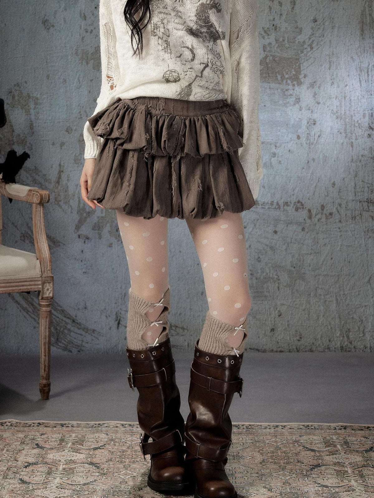 ALL iN plan Brown Bubble Hem Distressed Linen Cotton Women&