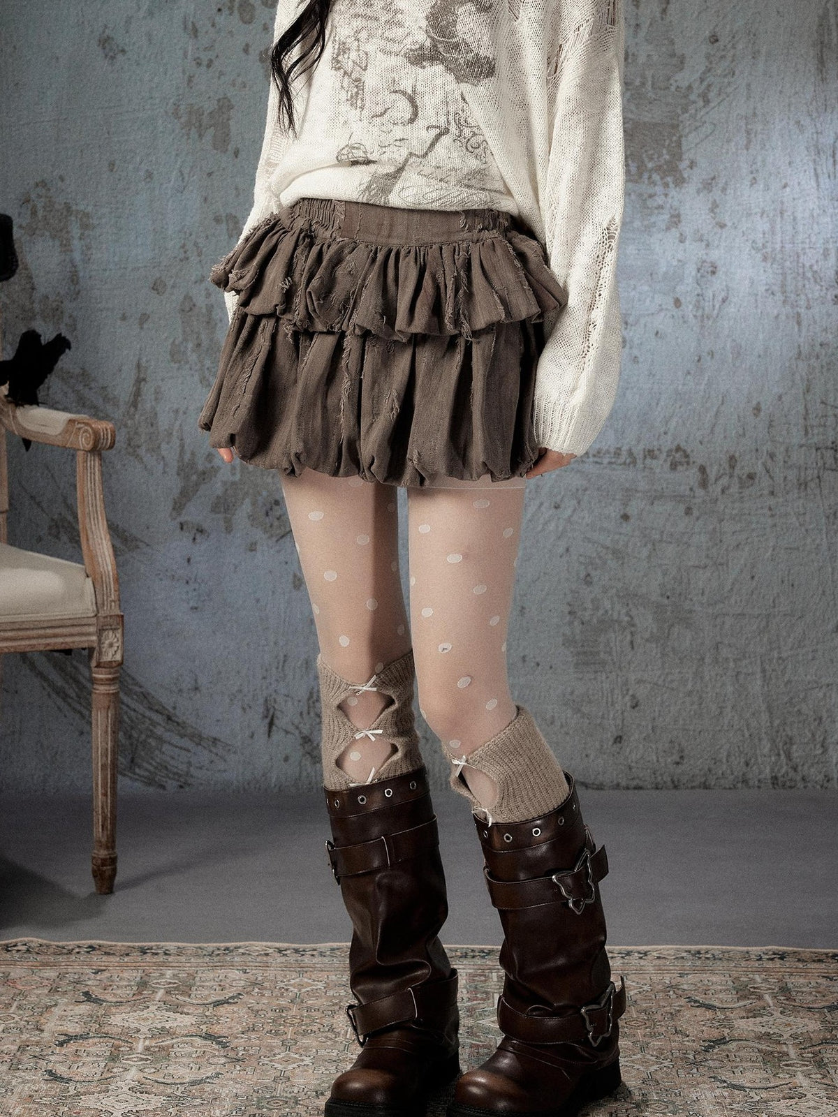 ALL iN plan Brown Bubble Hem Distressed Linen Cotton Women&