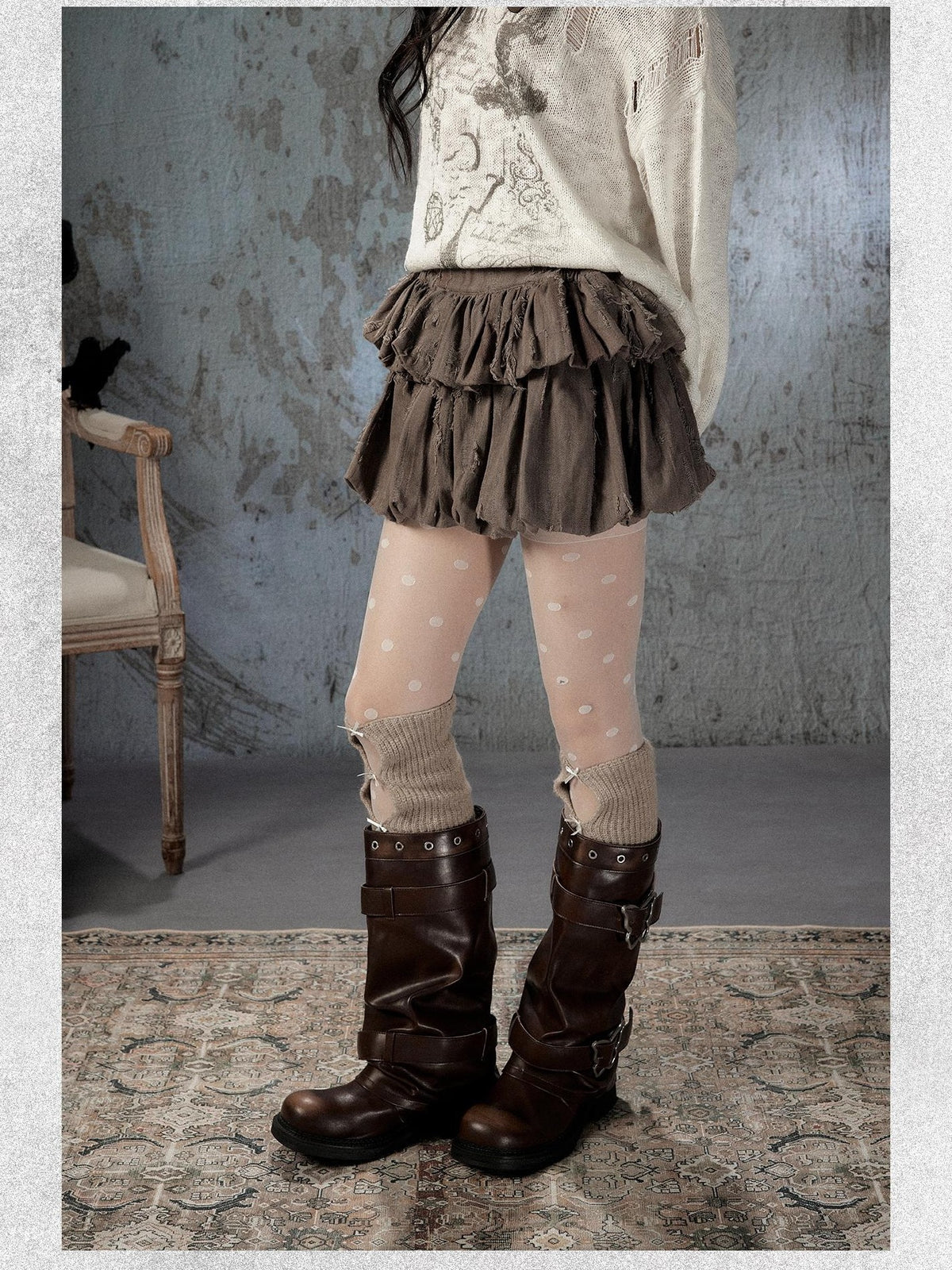 ALL iN plan Brown Bubble Hem Distressed Linen Cotton Women&
