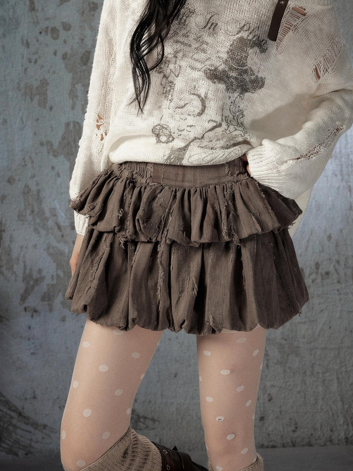 ALL iN plan Brown Bubble Hem Distressed Linen Cotton Women&