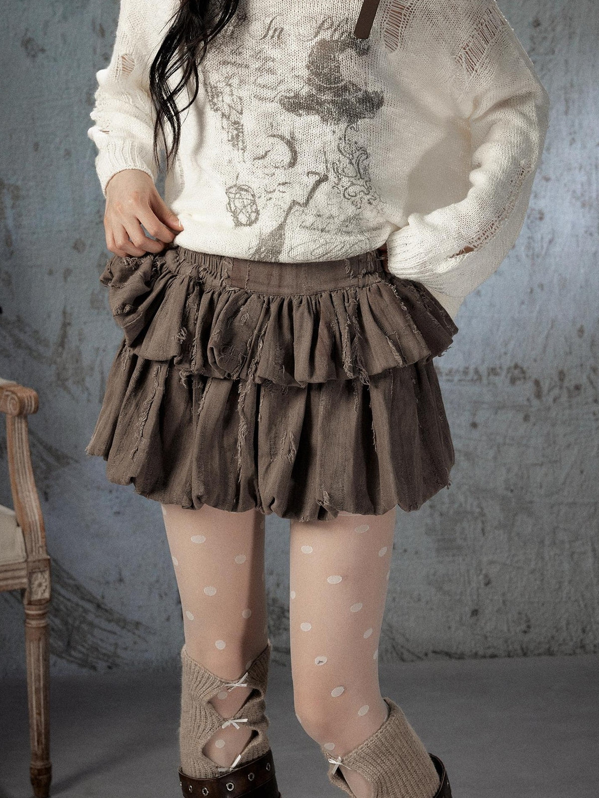 ALL iN plan Brown Bubble Hem Distressed Linen Cotton Women&