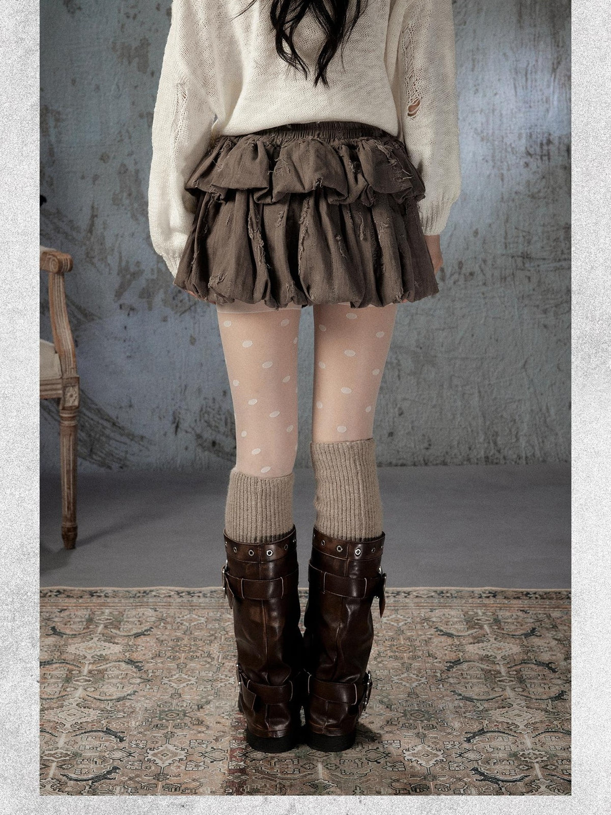 ALL iN plan Brown Bubble Hem Distressed Linen Cotton Women&