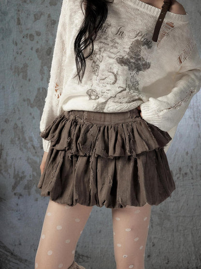 ALL iN plan Brown Bubble Hem Distressed Linen Cotton Women&