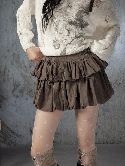 ALL iN plan Brown Bubble Hem Distressed Linen Cotton Women&