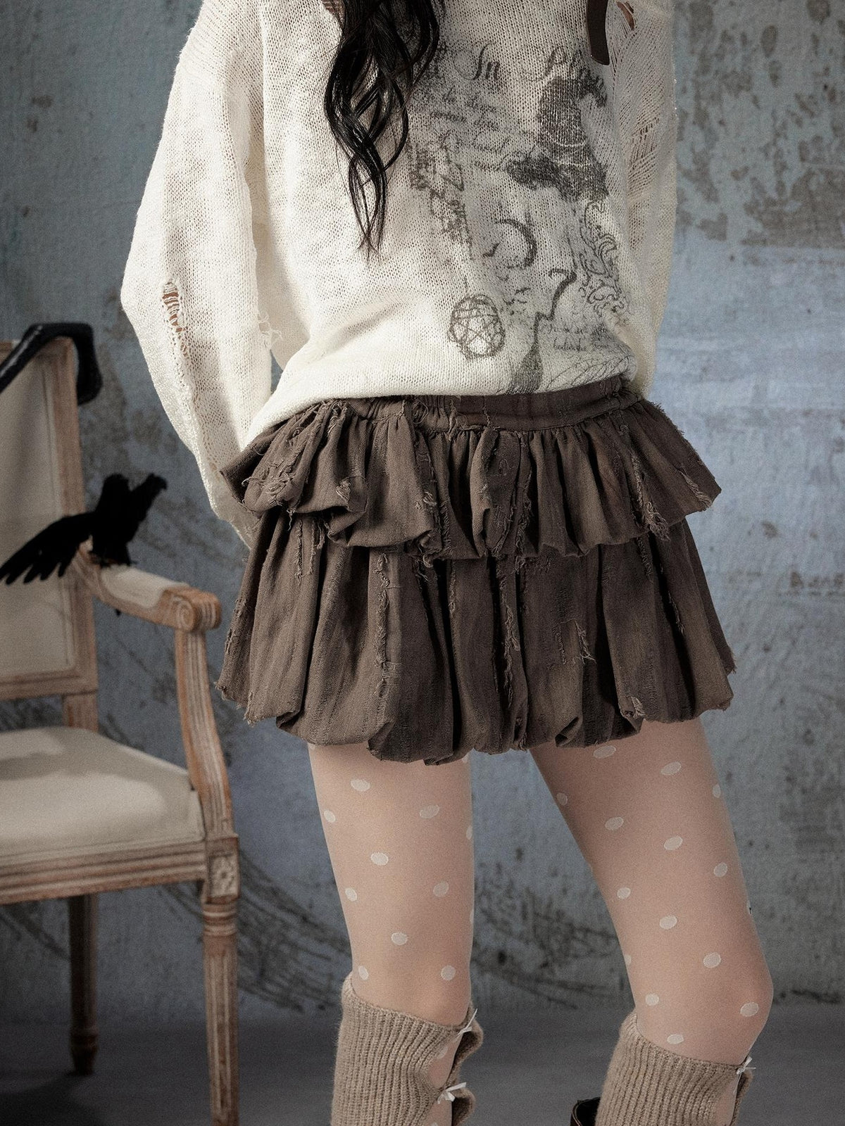 ALL iN plan Brown Bubble Hem Distressed Linen Cotton Women&