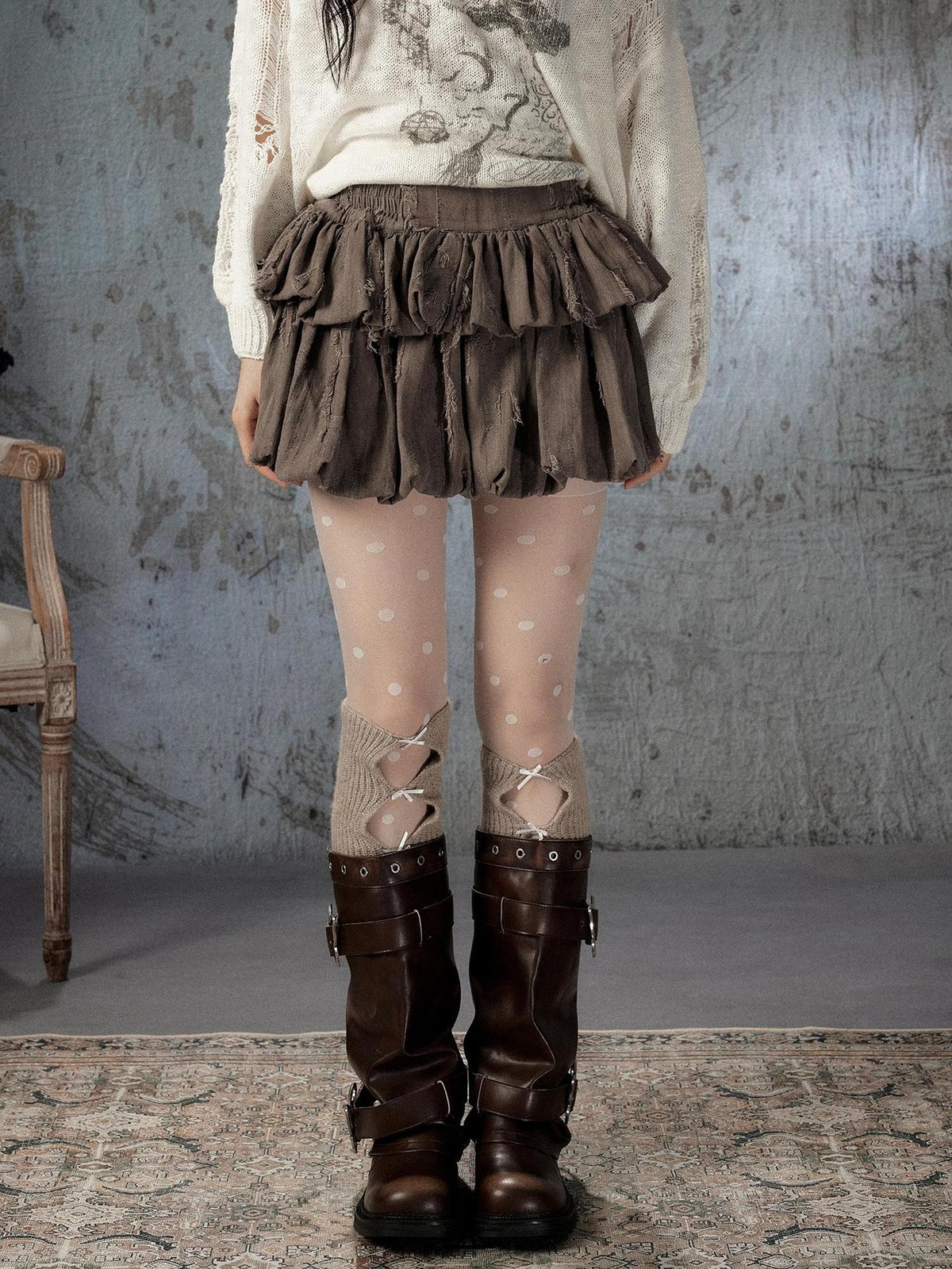ALL iN plan Brown Bubble Hem Distressed Linen Cotton Women&