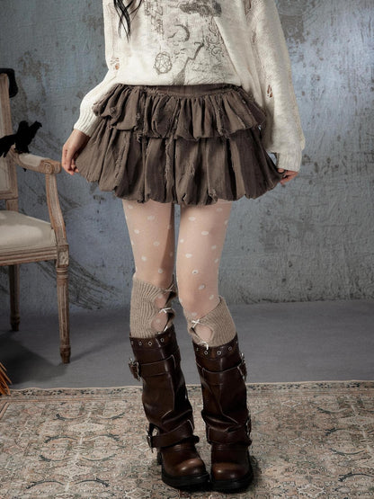 ALL iN plan Brown Bubble Hem Distressed Linen Cotton Women&