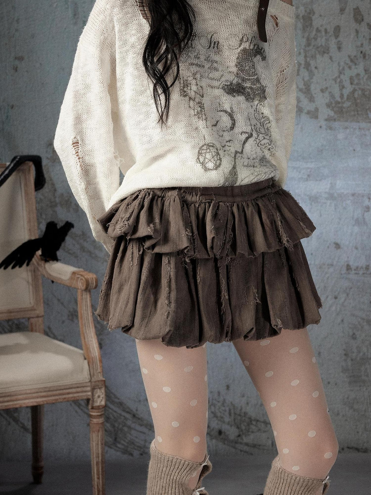 ALL iN plan Brown Bubble Hem Distressed Linen Cotton Women&