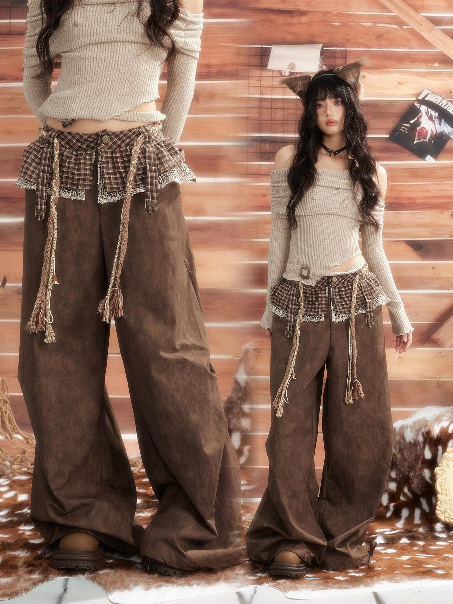 ALL iN plan Brown Tie Dye Waist Belt High Waist Vintage Loose Workwear Women&