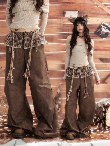 ALL iN plan Brown Tie Dye Waist Belt High Waist Vintage Loose Workwear Women&