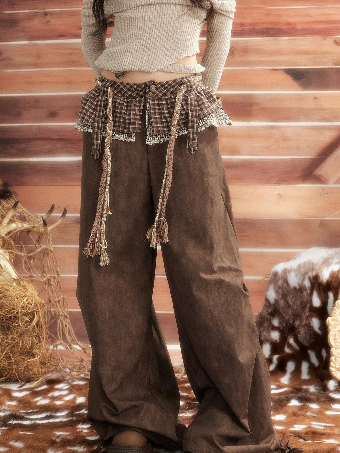 ALL iN plan Brown Tie Dye Waist Belt High Waist Vintage Loose Workwear Women&