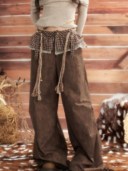ALL iN plan Brown Tie Dye Waist Belt High Waist Vintage Loose Workwear Women&
