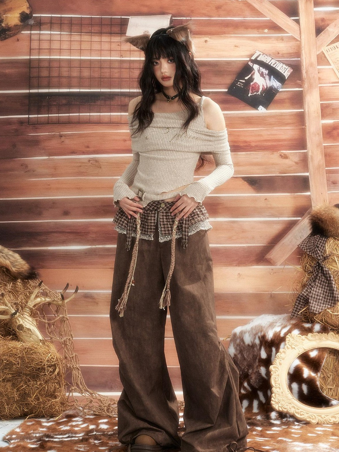 ALL iN plan Brown Tie Dye Waist Belt High Waist Vintage Loose Workwear Women&