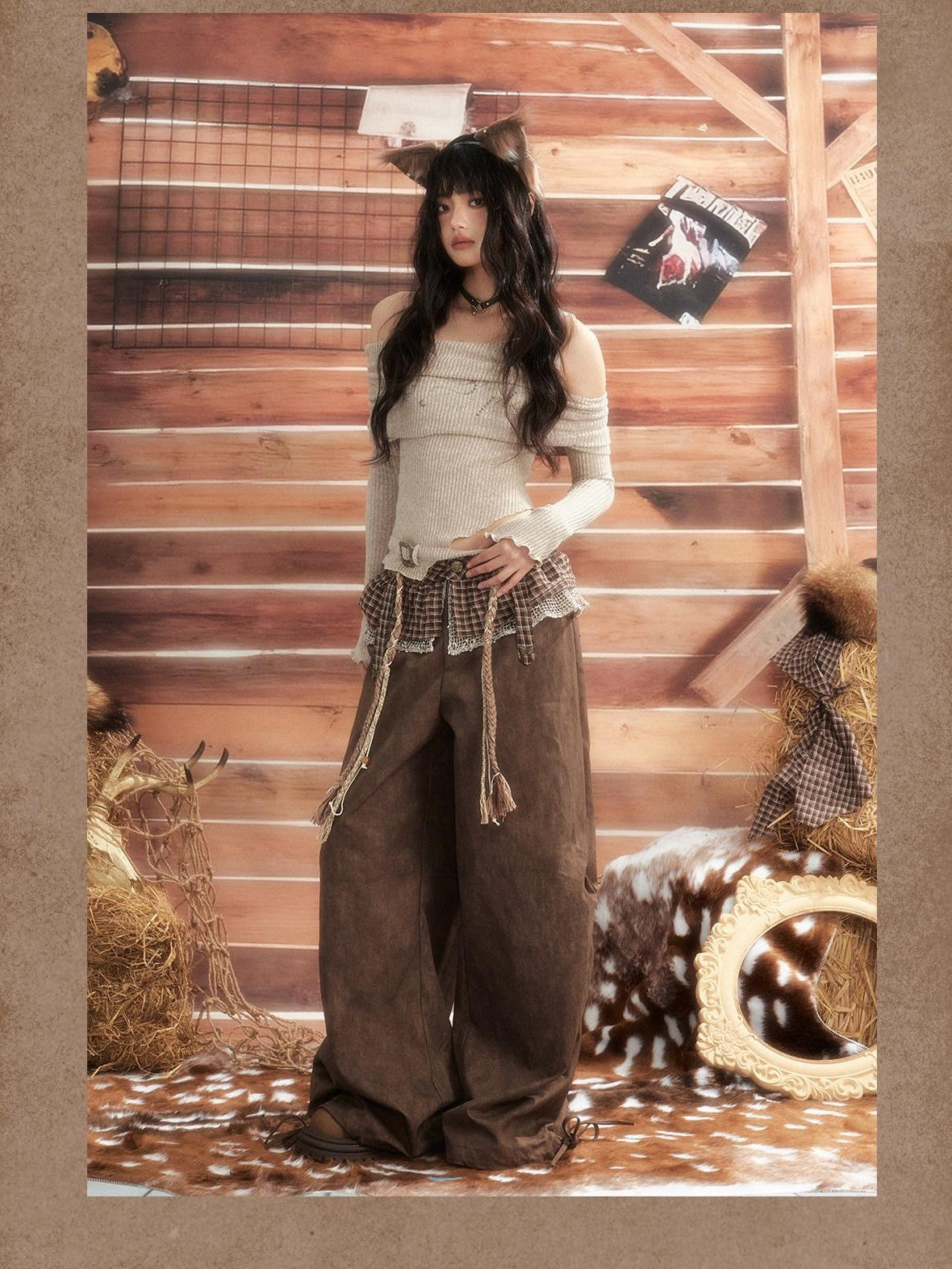 ALL iN plan Brown Tie Dye Waist Belt High Waist Vintage Loose Workwear Women&