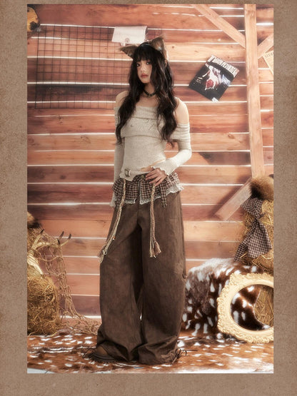 ALL iN plan Brown Tie Dye Waist Belt High Waist Vintage Loose Workwear Women&