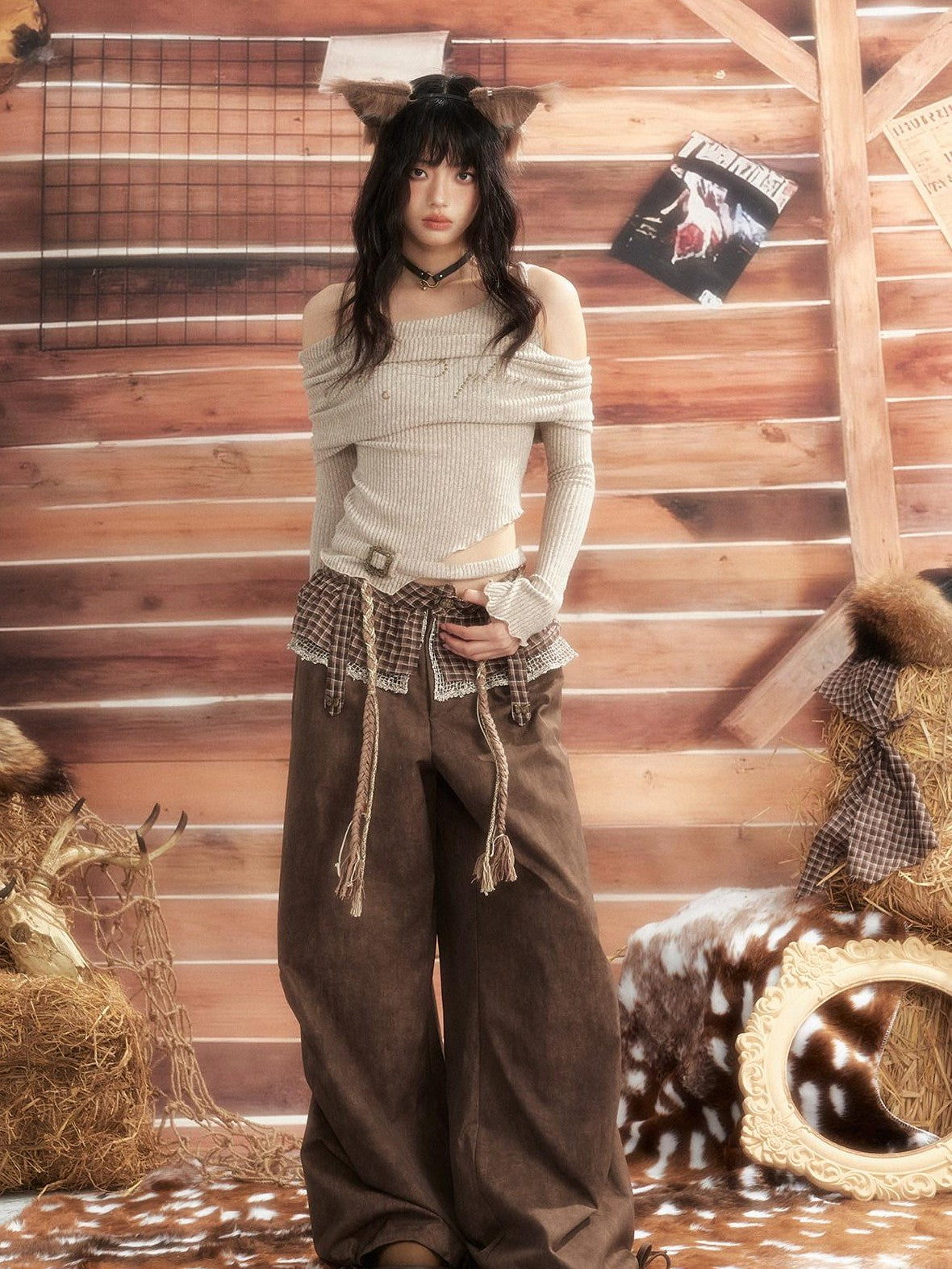 ALL iN plan Brown Tie Dye Waist Belt High Waist Vintage Loose Workwear Women&