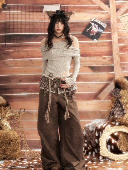 ALL iN plan Brown Tie Dye Waist Belt High Waist Vintage Loose Workwear Women&