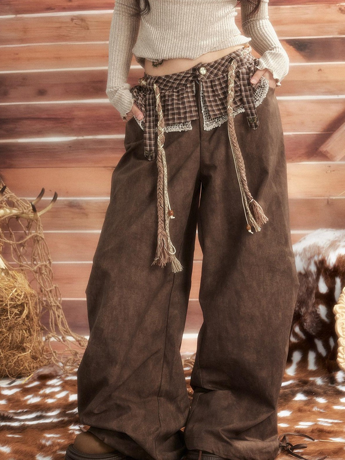 ALL iN plan Brown Tie Dye Waist Belt High Waist Vintage Loose Workwear Women&
