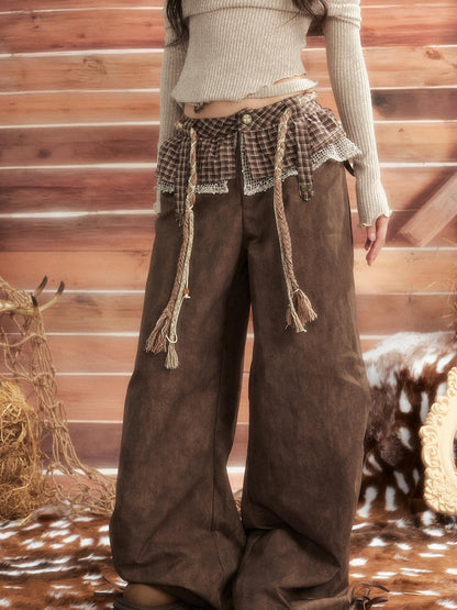 ALL iN plan Brown Tie Dye Waist Belt High Waist Vintage Loose Workwear Women&