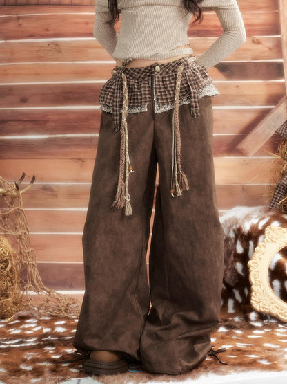 ALL iN plan Brown Tie Dye Waist Belt High Waist Vintage Loose Workwear Women&