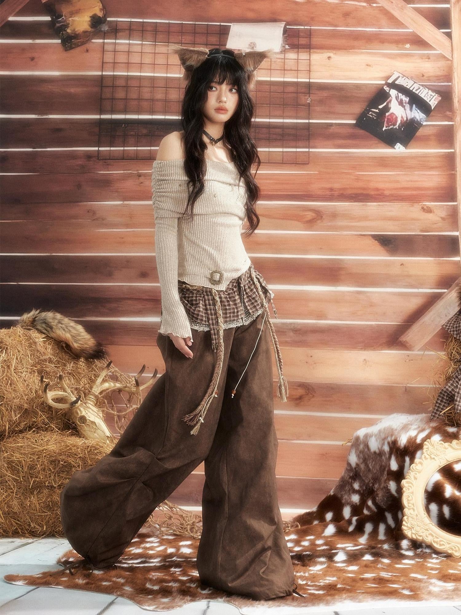 ALL iN plan Brown Tie Dye Waist Belt High Waist Vintage Loose Workwear Women&