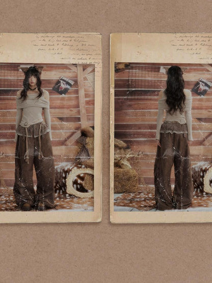 ALL iN plan Brown Tie Dye Waist Belt High Waist Vintage Loose Workwear Women&