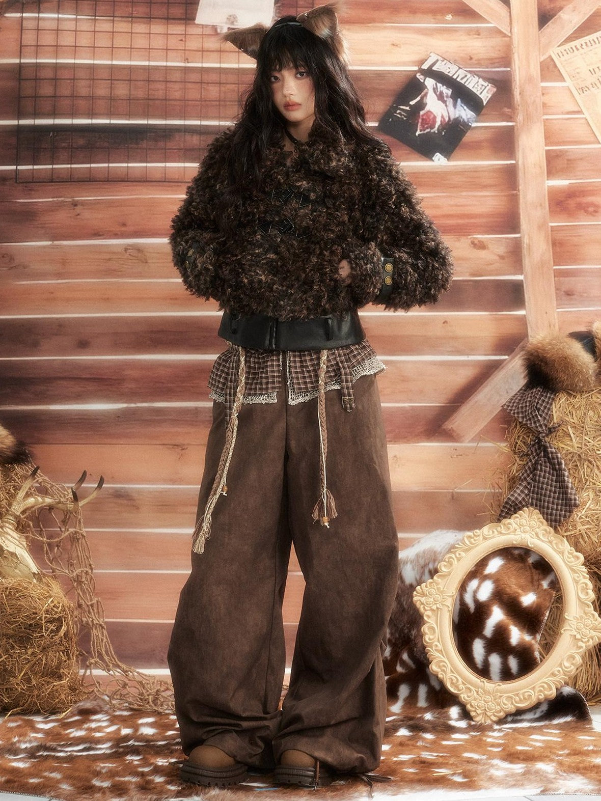 ALL iN plan Brown Tie Dye Waist Belt High Waist Vintage Loose Workwear Women&