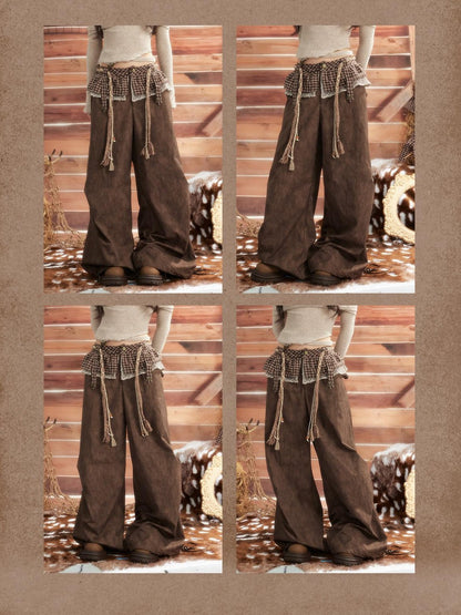ALL iN plan Brown Tie Dye Waist Belt High Waist Vintage Loose Workwear Women&